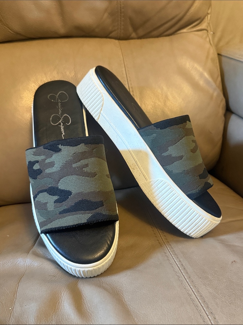 Jessica Simpson size 8 Camo Slip-On Sandals in Green and black. Wore once